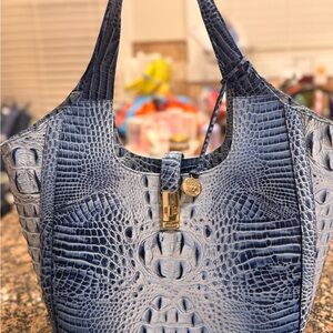 Brahmin Blue Croc-Embossed Leather Shoulder Bag with Gold Hardware